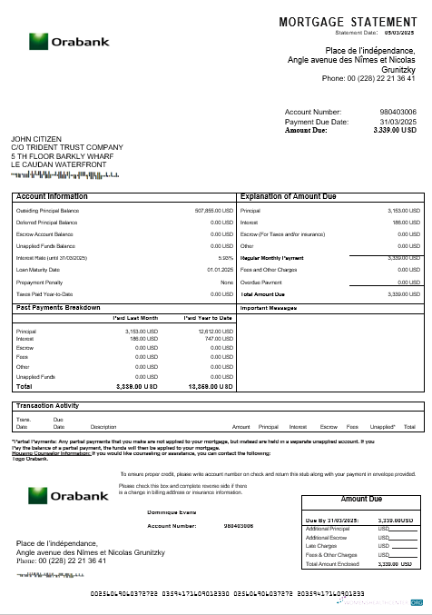 Download Togo Orabank mortgage statement in Word and PDF formats Photoshop template